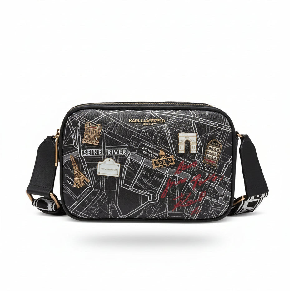 Karl Lagerfeld black Paris Maybelle Travel Print Crossbody bag