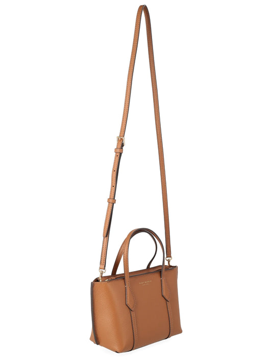 Tory Burch Mini Perry Tote crafted in smooth autumn brown leather with slim top handles
