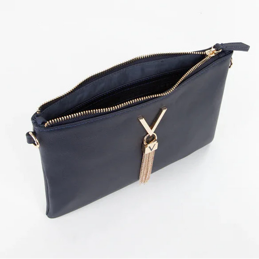 Valentino Bags Divina clutch bag in black faux leather with gold tone hardware and a tassel detail