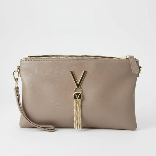 Valentino Bags Divina clutch bag in taupe synthetic leather with gold tone hardware