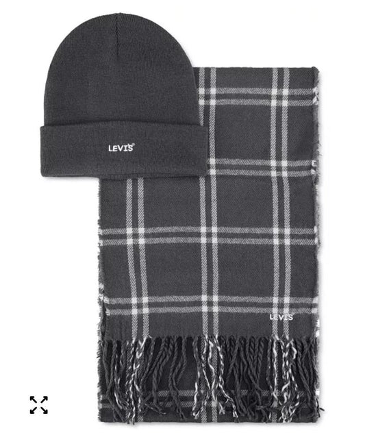 Levi's men's logo beanie and windowpane scarf set in gray