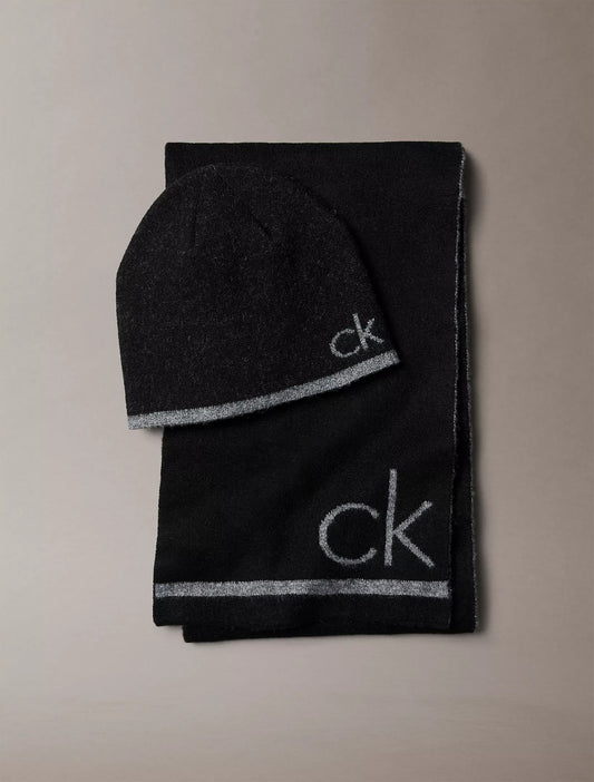 Calvin Klein Flocked Monogram Logo Beanie and Scarf Set