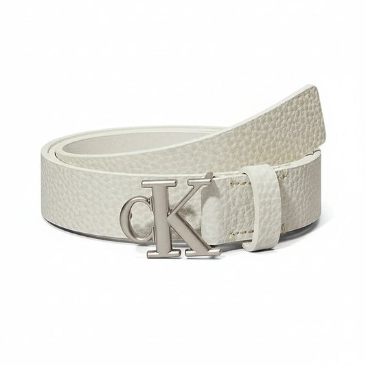 Calvin Klein Jeans Monogram Plaque Buckle 25MM belt in white tumbled leather