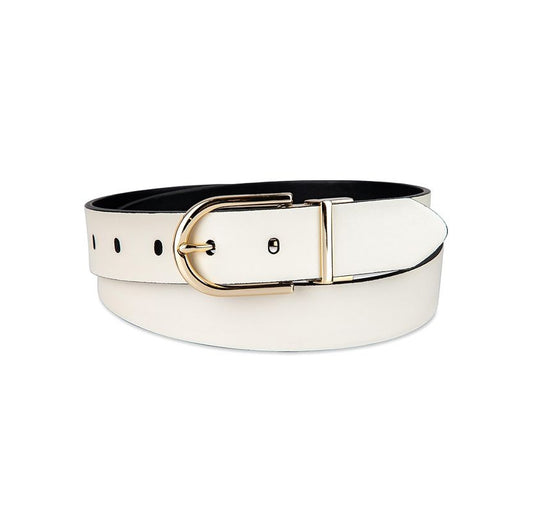 Calvin Klein Reversible Round Buckle Belt in white and black with a gold-tone buckle