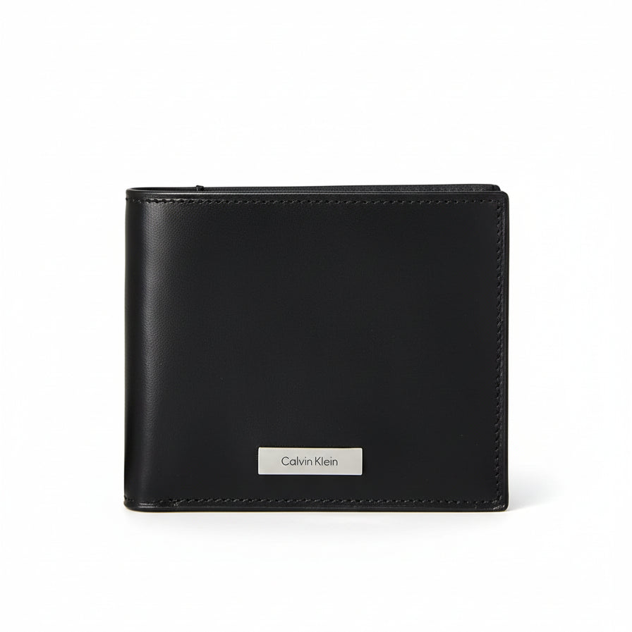 Calvin Klein Plaque Logo Bifold Wallet in black leather