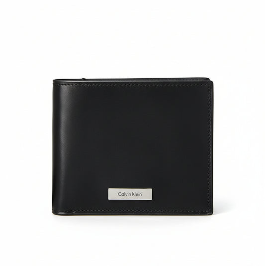 Calvin Klein Plaque Logo Bifold Wallet in black leather