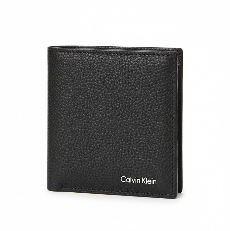 black, textured, bi-fold Calvin Klein leather wallet