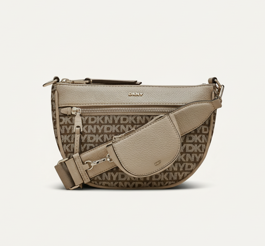 Beige handbag with DKNY logo pattern on a white background
