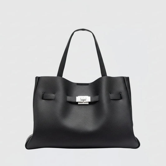 DKNY Bryar large leather satchel bag in black with silver tone hardware