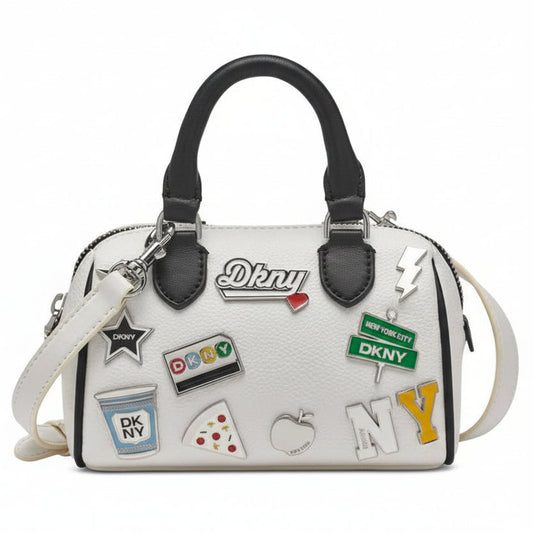 DKNY Nell Mini Satchel Crossbody in white polyurethane with New York themed patches