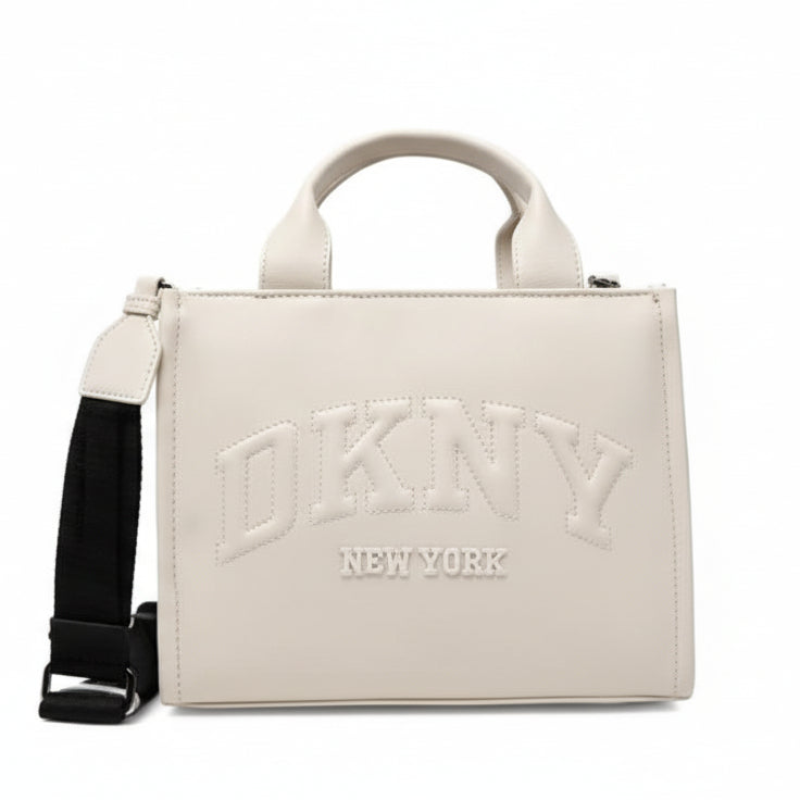 Beige handbag with a brand logo on a white background