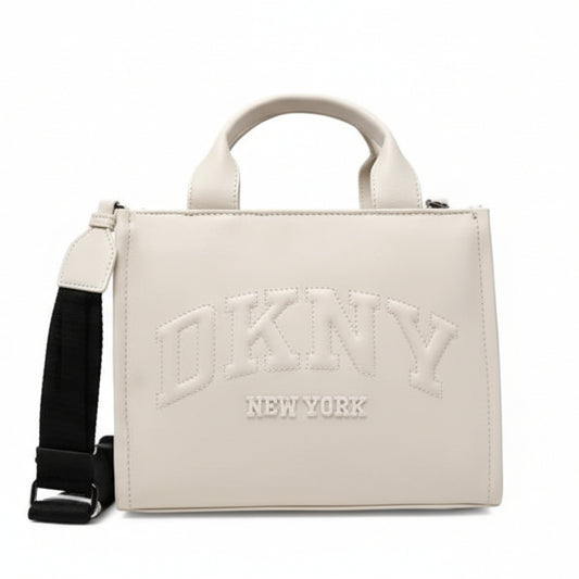 Beige handbag with a brand logo on a white background