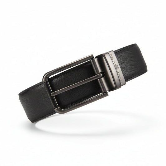 Karl Lagerfeld Paris Textured Logo Leather Belt in black with gunmetal tone hardware