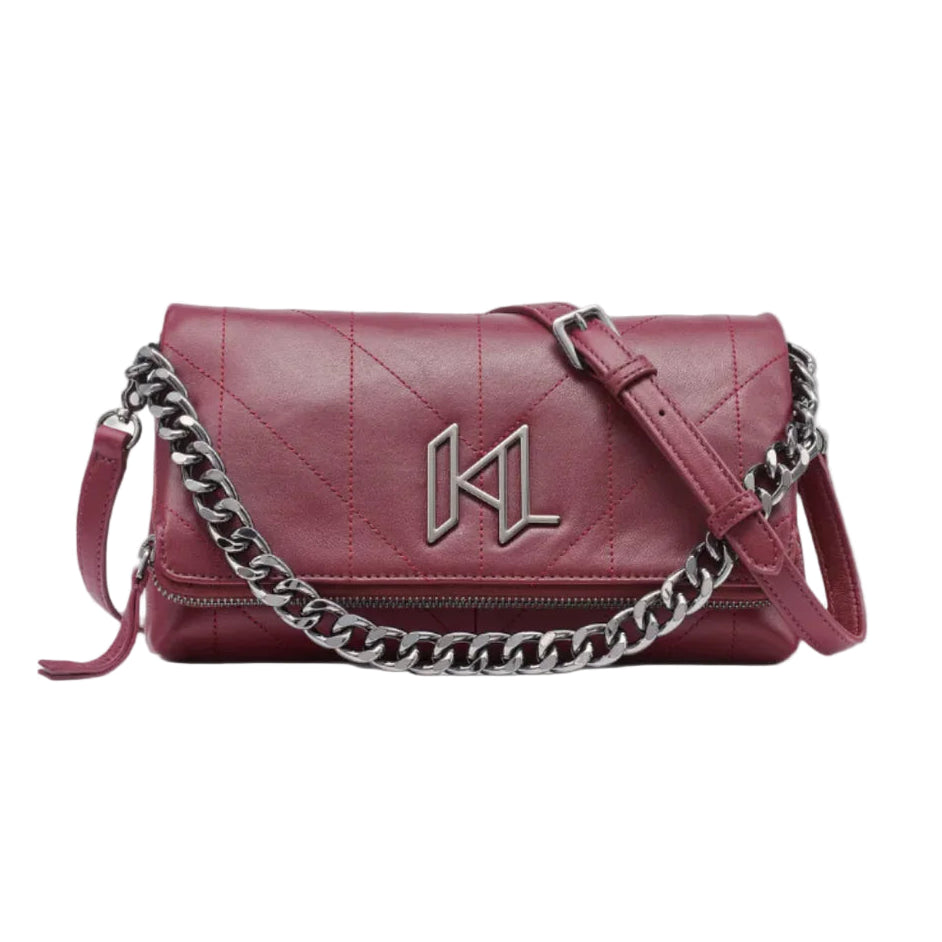 Pink handbag with a chain detail on a gray background