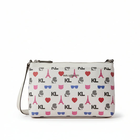 White pouch with colorful patterns and 'KL' branding on a white background