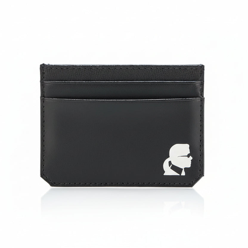 Black cardholder with a white logo on a white background