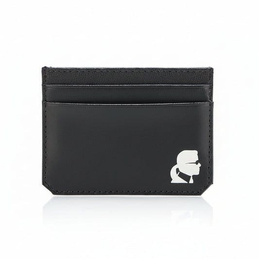 Black cardholder with a white logo on a white background