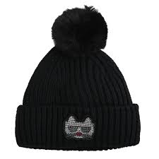 Karl Lagerfeld Paris Women's Disco Kitty Beanie in black with a faux-fur pom-pom