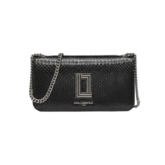 Black handbag with chain detail and Karl Lagerfeld logo on a gray background