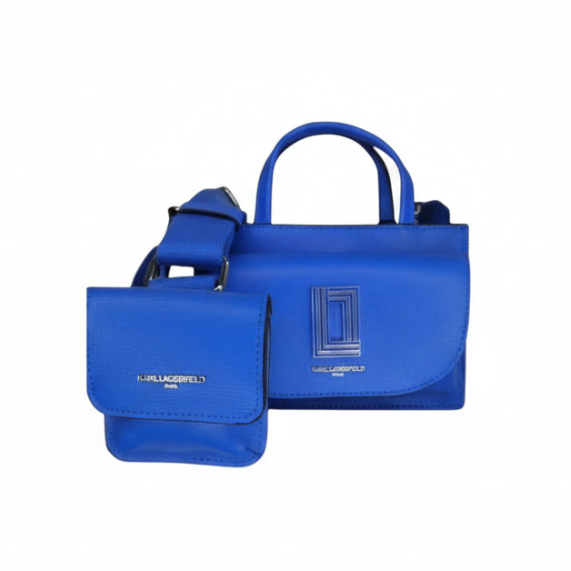 Blue handbag and pouch with Karl Lagerfeld logo on a white background