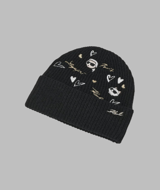 Karl Lagerfeld Paris Fleece Lined Icons Beanie in black