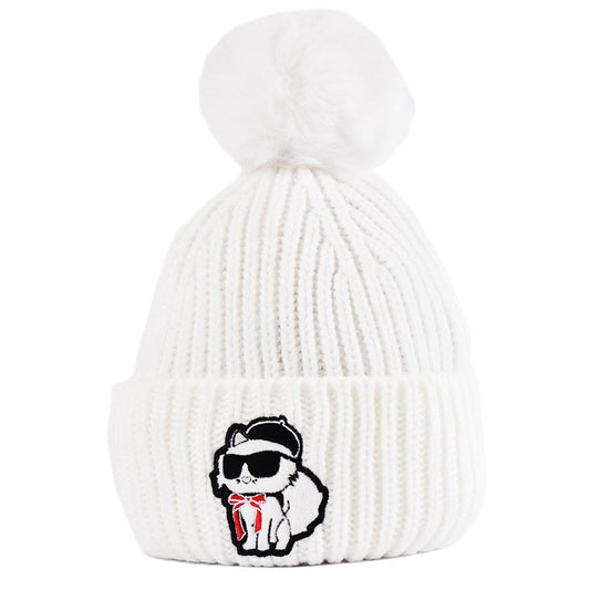 Karl Lagerfeld Women's Sassy Choupette Faux Fur Pom Beanie in white