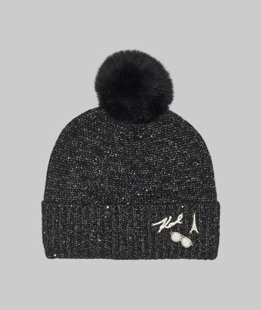 Karl Lagerfeld Women's Sequin Knit Faux Fur Pom Beanie in black