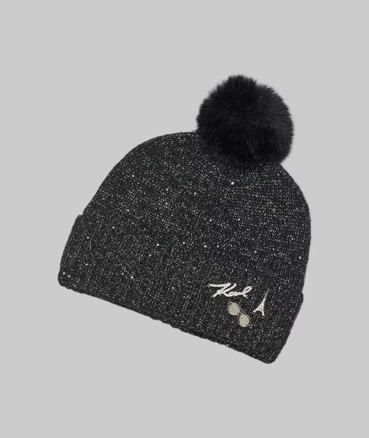Karl Lagerfeld Women's Sequin Knit Faux Fur Pom Beanie in black