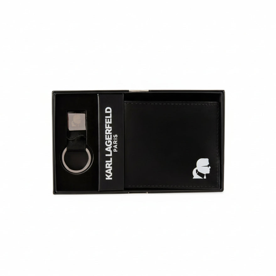 Black wallet and keychain set with Karl Lagerfeld Paris branding in a box on a white background