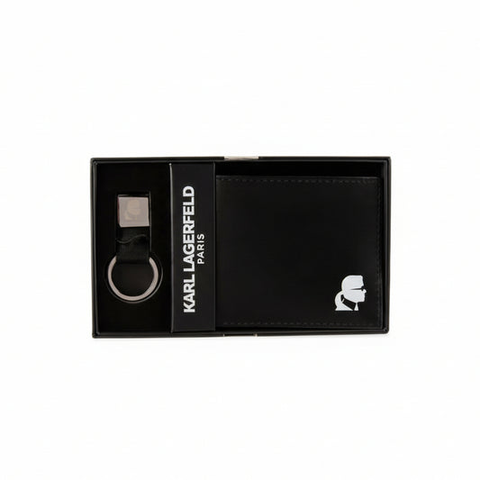 Black wallet and keychain set with Karl Lagerfeld Paris branding in a box on a white background