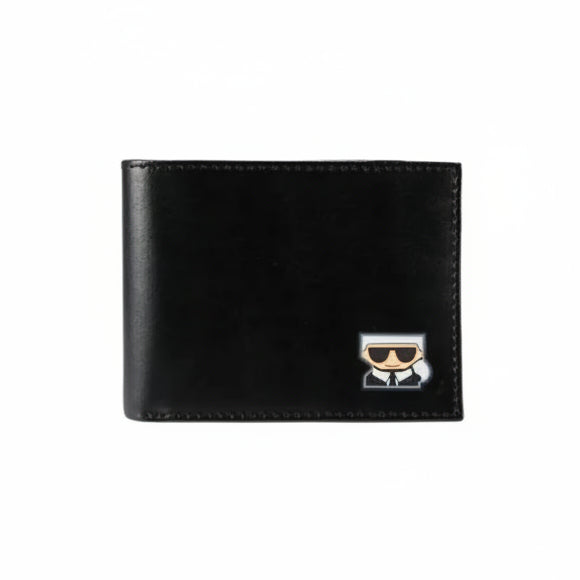 Black leather wallet with a Karl Lagerfeld logo on a black background