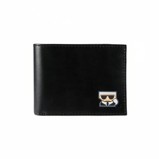 Black leather wallet with a Karl Lagerfeld logo on a black background