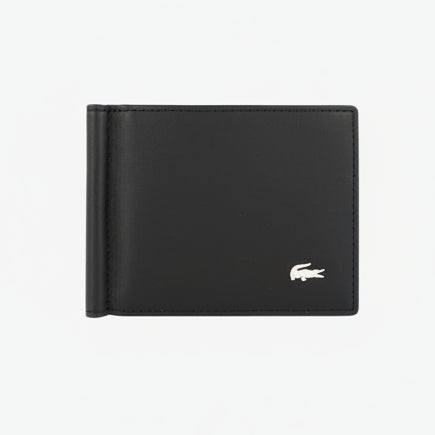 Black wallet with a brand logo on a white background
