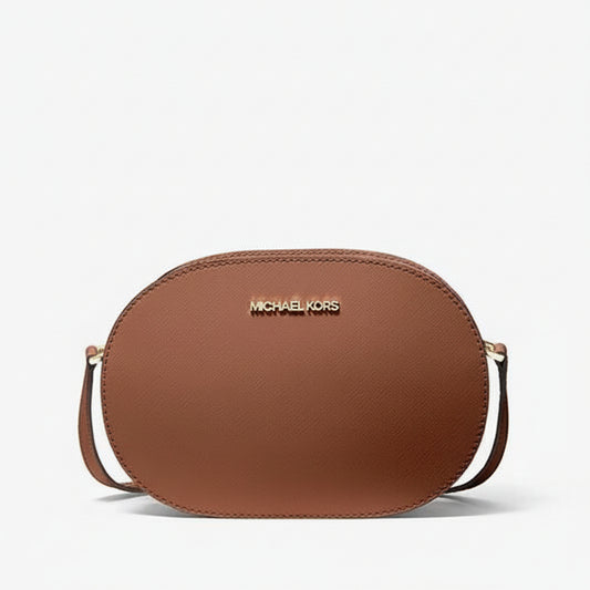Brown crossbody bag with gold strap on a white background