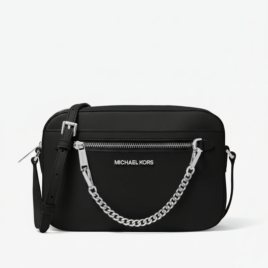 Michael Kors Jet Set crossbody bag in Saffiano Black leather with a Silver chain-link strap