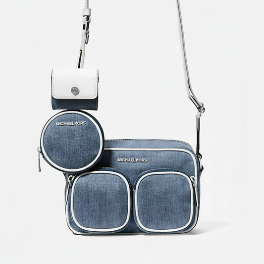 Blue denim crossbody bag with matching round pouch on a white background