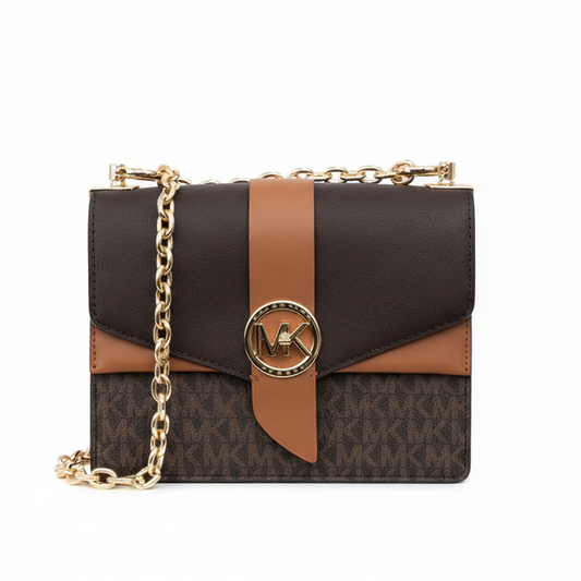 Michael Kors Greenwich Small Presbyopia crossbody bag in brown and acorn color-block signature logo and Saffiano leather