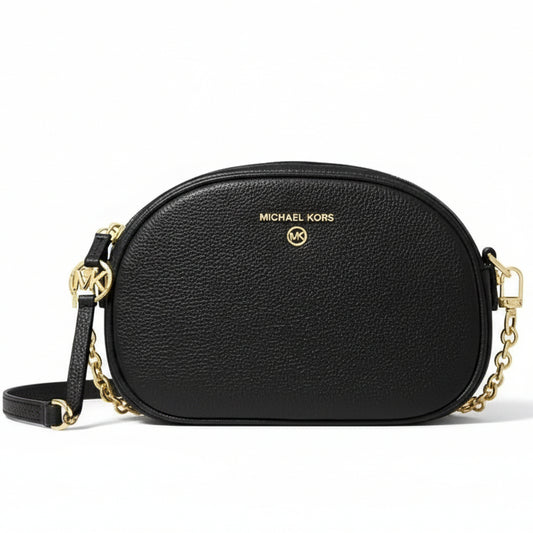 Michael Kors Jet Set Charm Small Pebbled Leather Oval Camera Crossbody Bag in black with gold-tone hardware