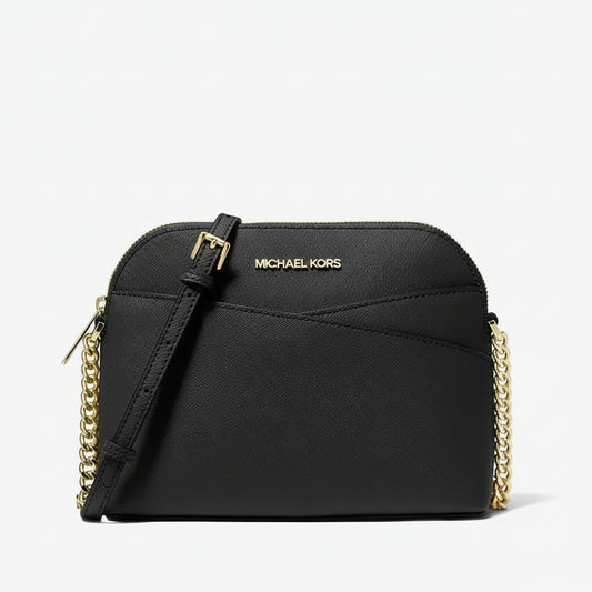 Black handbag with gold chain strap and logo on a white background
