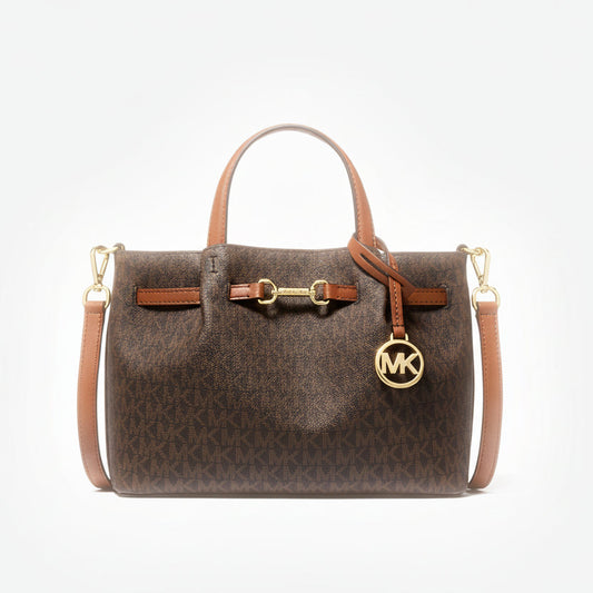 Michael Kors Carson Small Signature Logo Satchel in brown coated canvas with gold-tone hardware