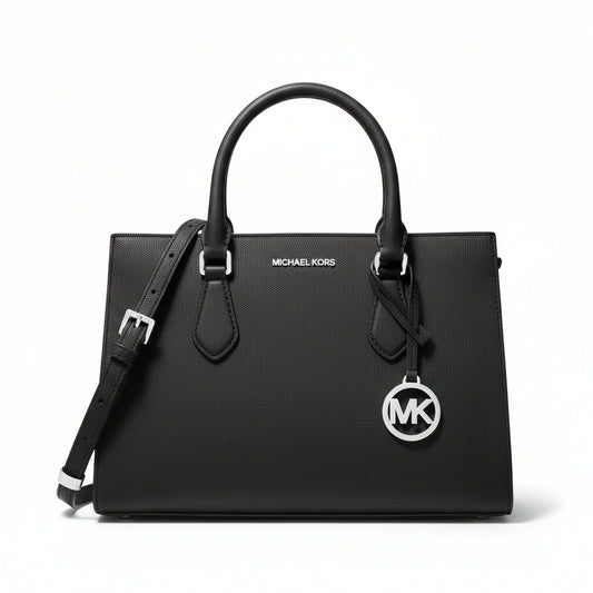 Black handbag with a strap and logo on a white background