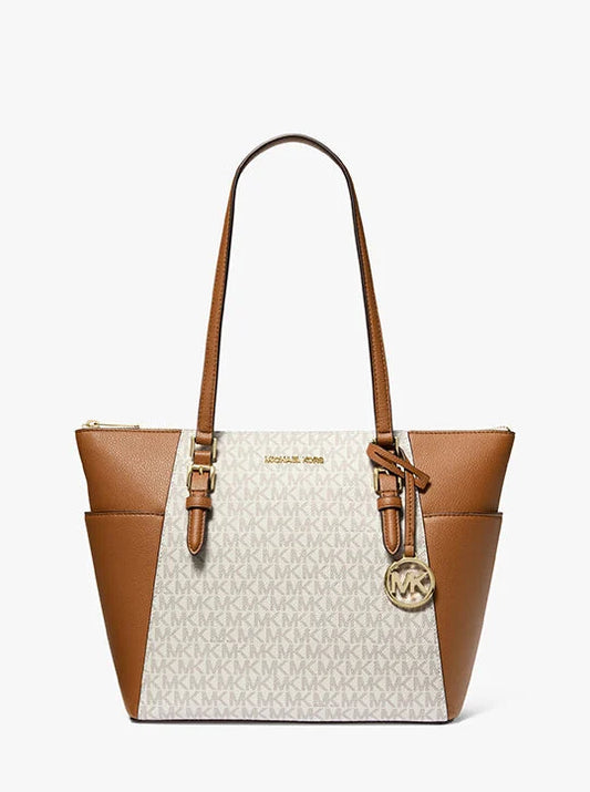 Michael Kors Charlotte Large Logo and Leather Top-Zip Tote Bag in vanilla and acorn