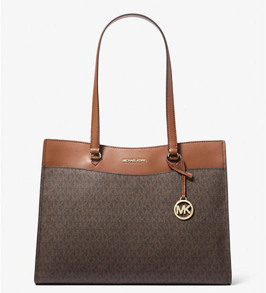 Michael Kors Jet Set Large Signature Logo Tote Bag in brown signature-print canvas with luggage-brown leather trim and gold-tone hardware
