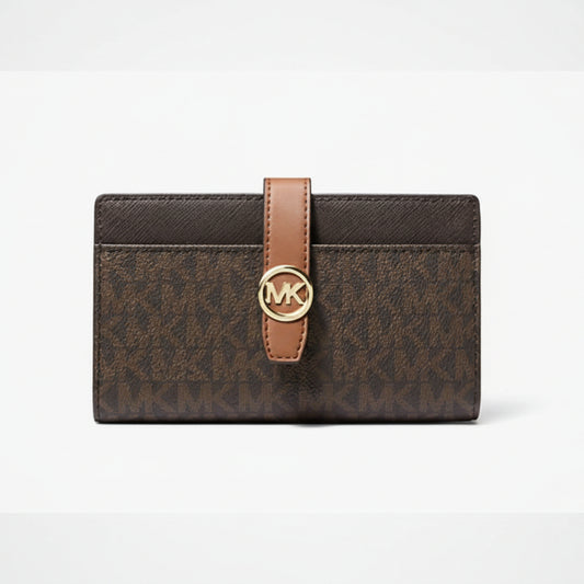 Brown wallet with tan strap and gold logo on a white background