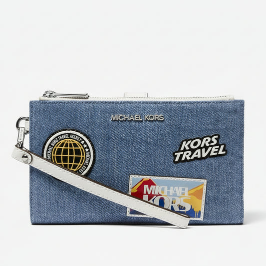 Michael Kors Jet Set Travel Large Embellished Denim Double Zip Wristlet