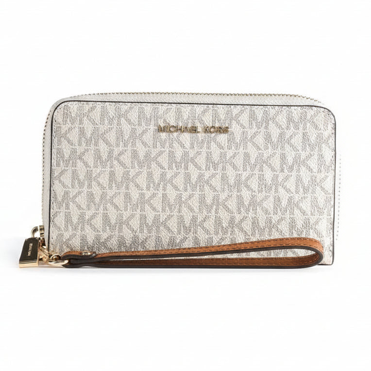 Michael Kors wallet with logo pattern on a white background