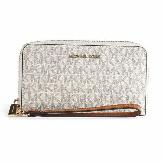 Michael Kors wallet with logo pattern on a white background