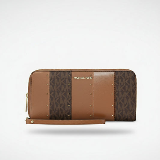 Brown wallet with patterned design and visible brand logo on a light gray background