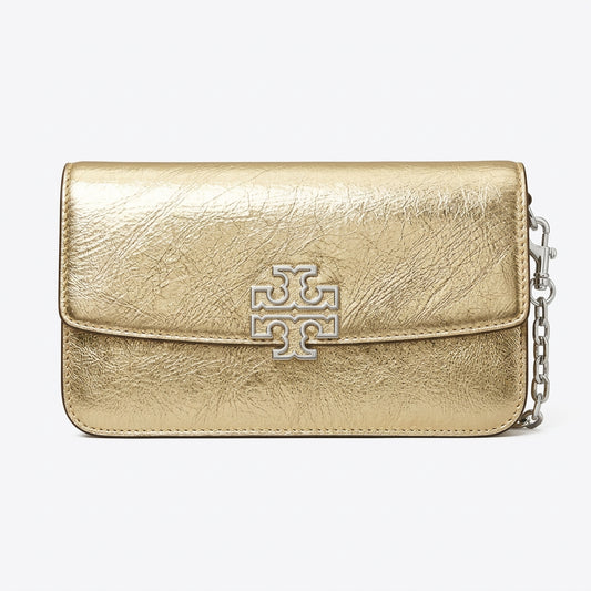Tory Burch Britten Chain Wallet in a luminous metallic gold