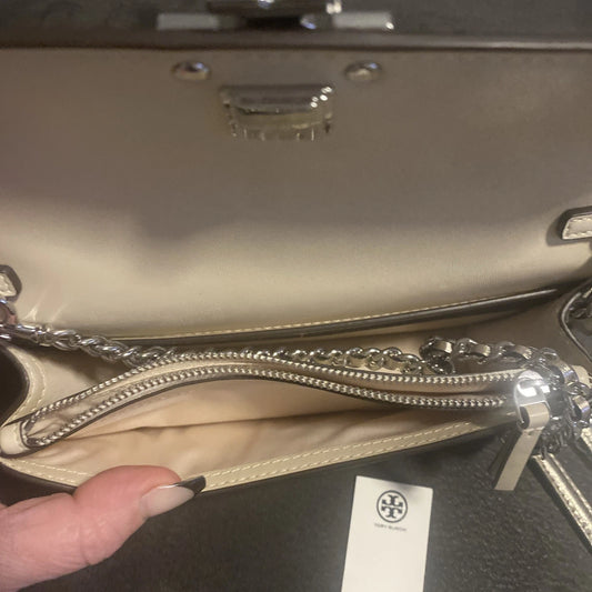 Tory Burch Britten Chain Wallet in a luminous metallic gold